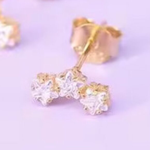 Tri Zircon Stars Gold Stud Earrings. 925 Sterling Silver. #1034 - Picture 1 of 4